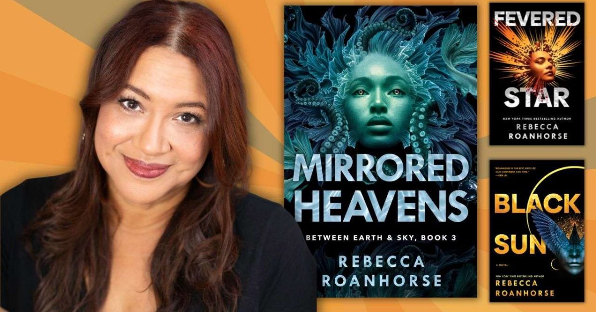 Author Rebecca Roanhorse with her book "Mirrored Heavens" and others