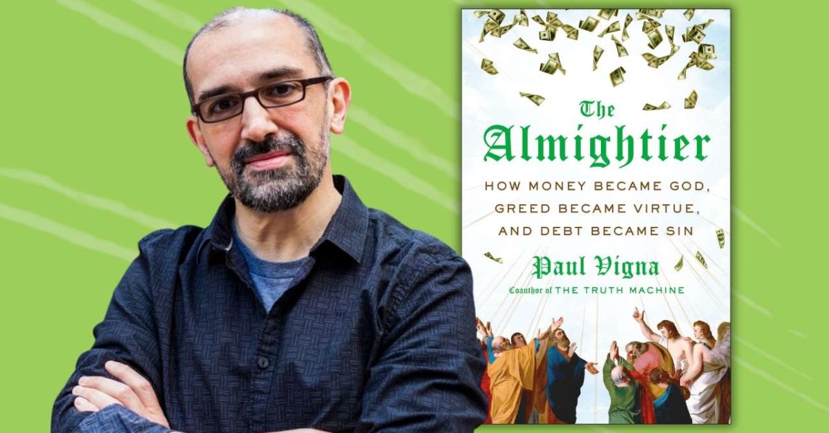 Author Paul Vigna poses beside his book cover, "The Almightyier