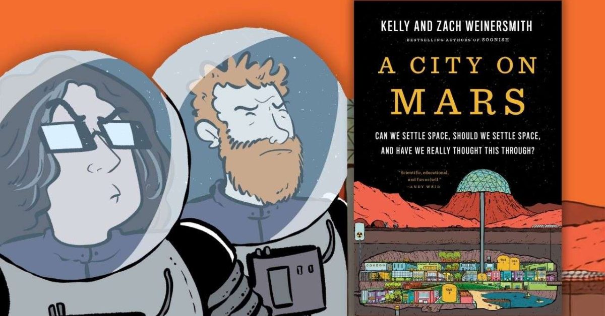 Two astronauts in space helmets beside a book titled "A City on Mars