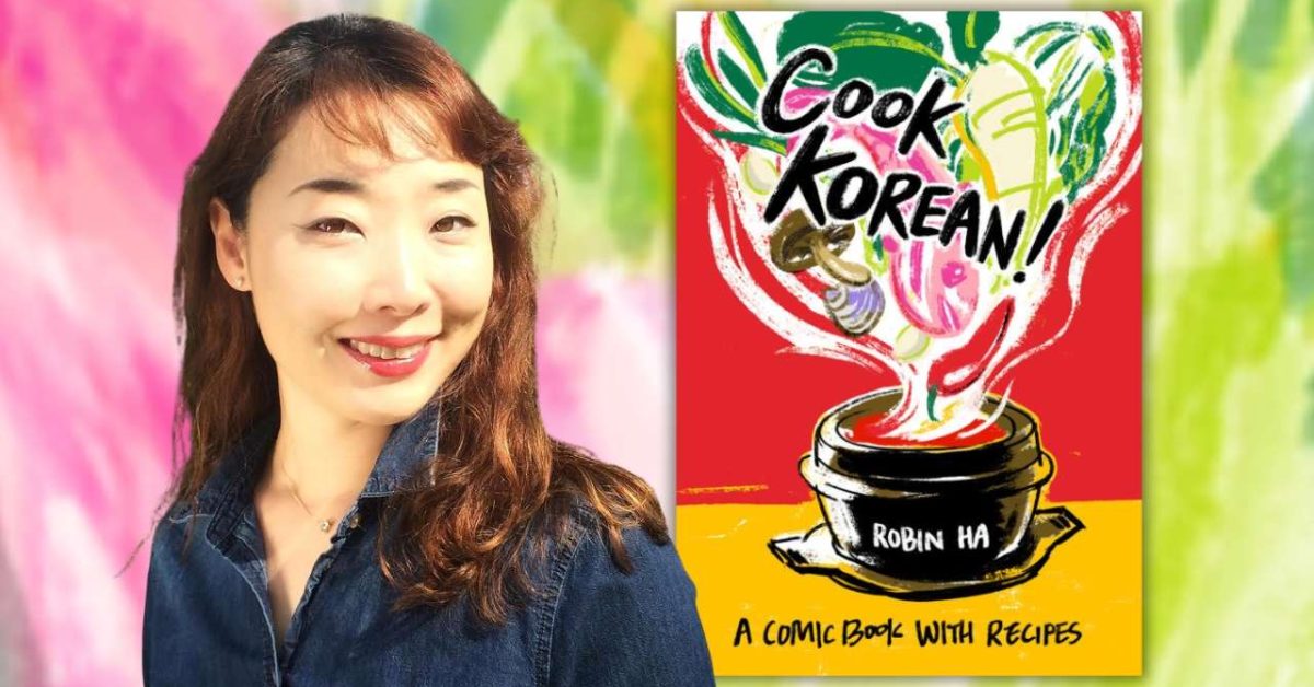 A woman smiles beside the book "Cook Korean!" by Robin Ha
