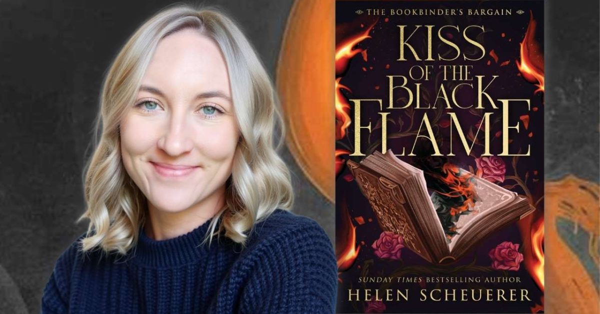 Author Helen Scheuerer smiles beside her book cover, "Kiss of the Black Flame