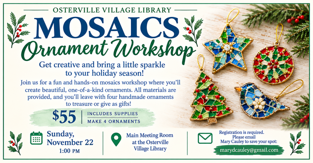 Mosaic ornament workshop flyer with colorful ornaments and event details